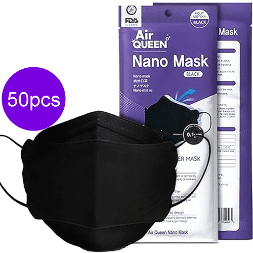 Air queen Nano Filter Face Mask for Adults, Lightweight and Breathable with Soft and Elastic Ear Loop, Reusable (Black) 50pcs