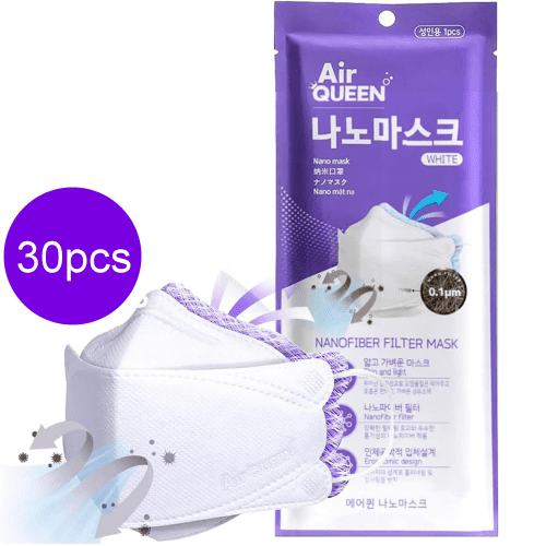Air queen Nano Mask 3-Layer Nano-Filter Face Mask for Adults, Lightweight and Breathable with Soft and Elastic Ear Loop, Reusable (White) 30pcs